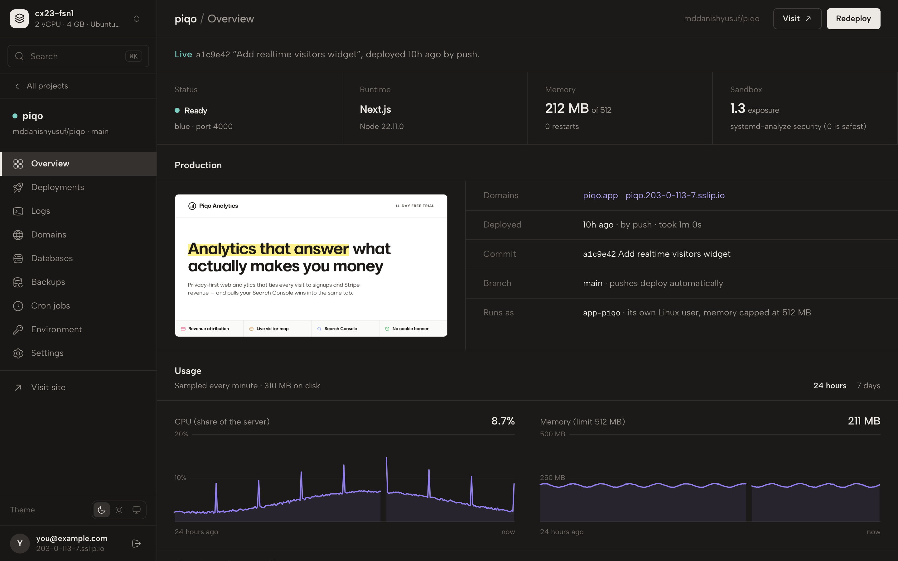 A project in Self Host Layer: live status, its site, domains, the last deploy, and CPU and memory over the last day.